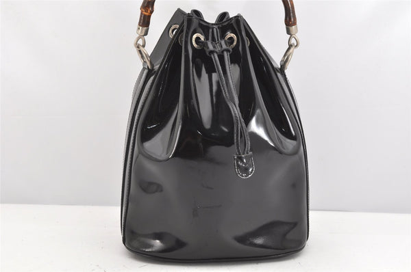 Authentic GUCCI Bamboo 2Way Shoulder Drawstring Bag Purse Enamel Black 2058K