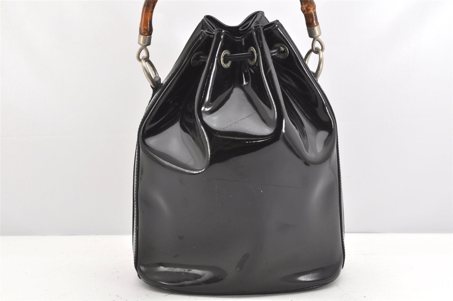 Authentic GUCCI Bamboo 2Way Shoulder Drawstring Bag Purse Enamel Black 2058K