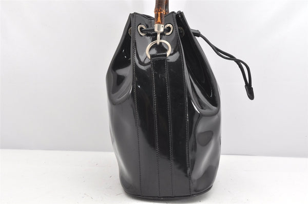 Authentic GUCCI Bamboo 2Way Shoulder Drawstring Bag Purse Enamel Black 2058K