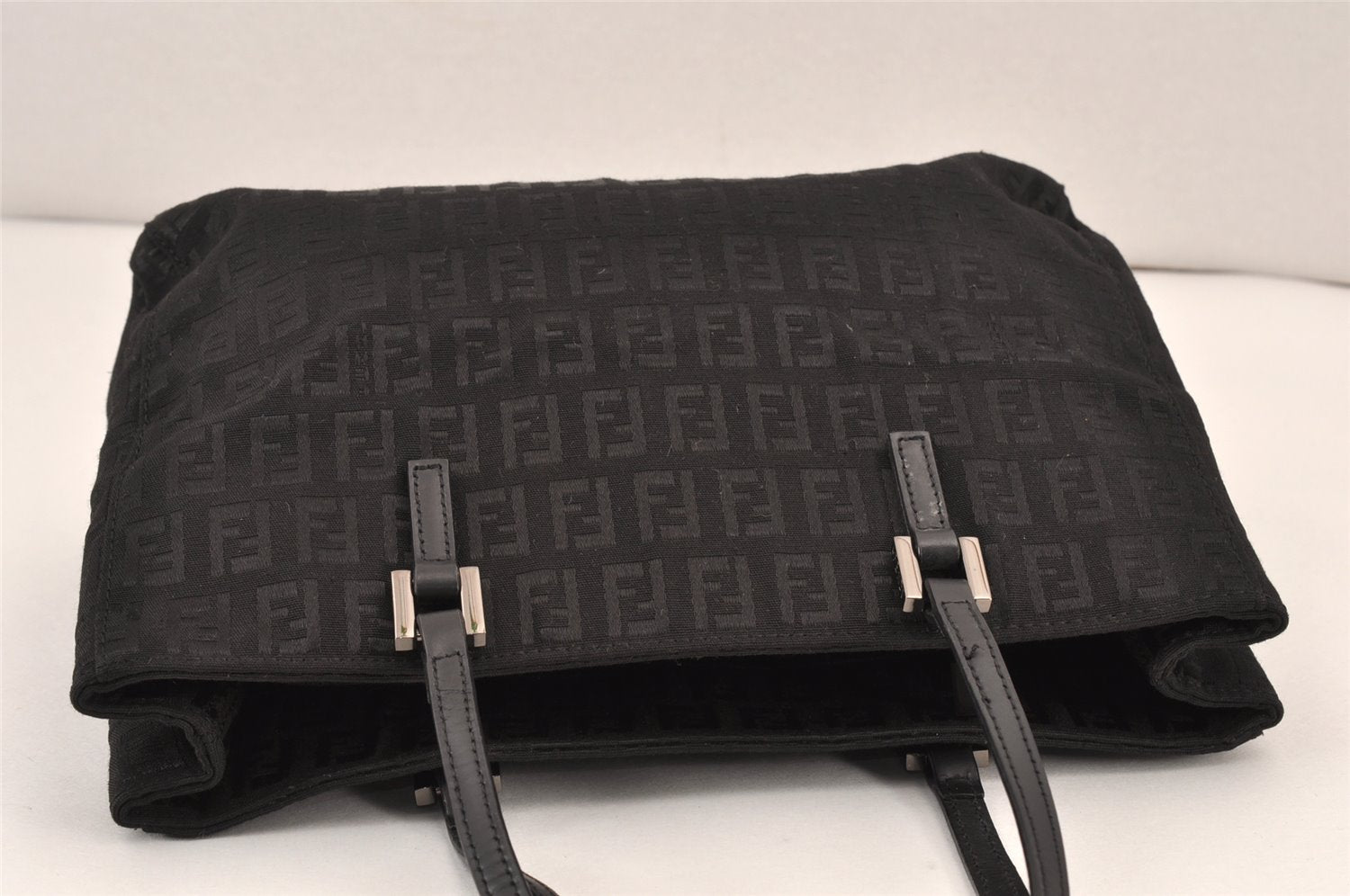 Authentic FENDI Vintage Zucchino Hand Bag Purse Canvas Leather Black 2063K