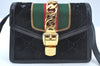 Auth GUCCI Web Sherry Line Sylvie Shoulder Bag GG Velour Enamel Black Junk 2067J