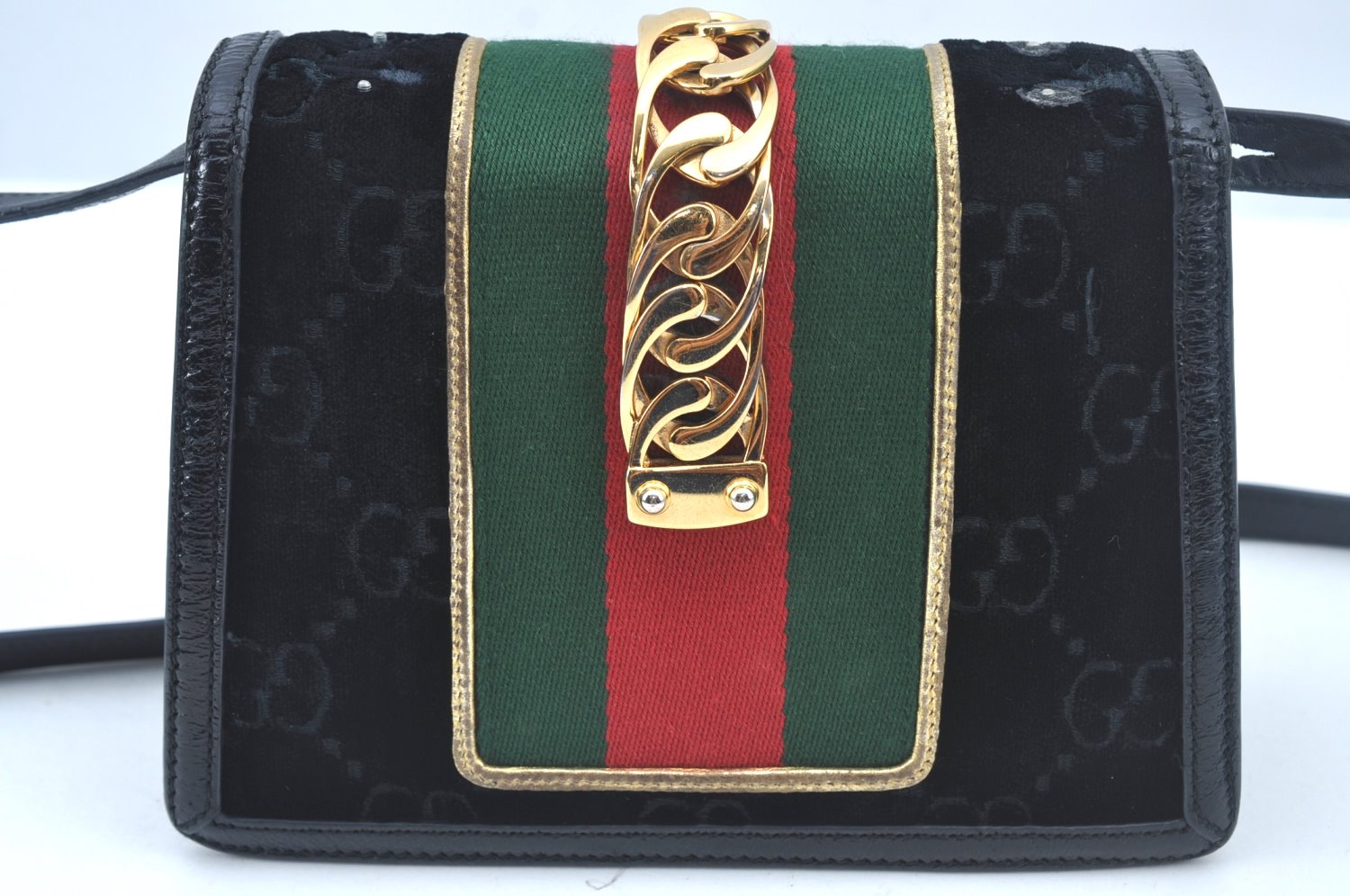 Auth GUCCI Web Sherry Line Sylvie Shoulder Bag GG Velour Enamel Black Junk 2067J