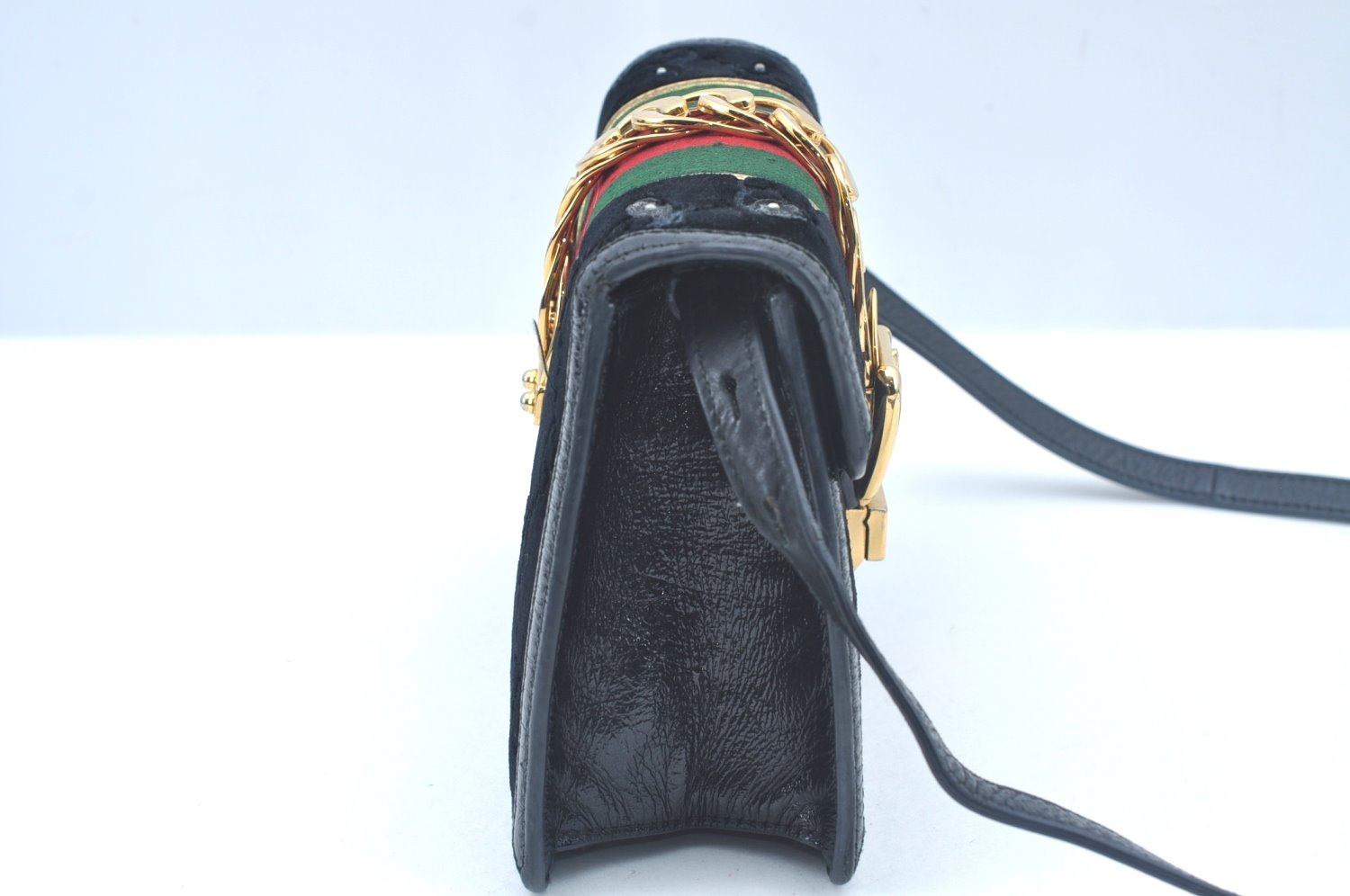 Auth GUCCI Web Sherry Line Sylvie Shoulder Bag GG Velour Enamel Black Junk 2067J