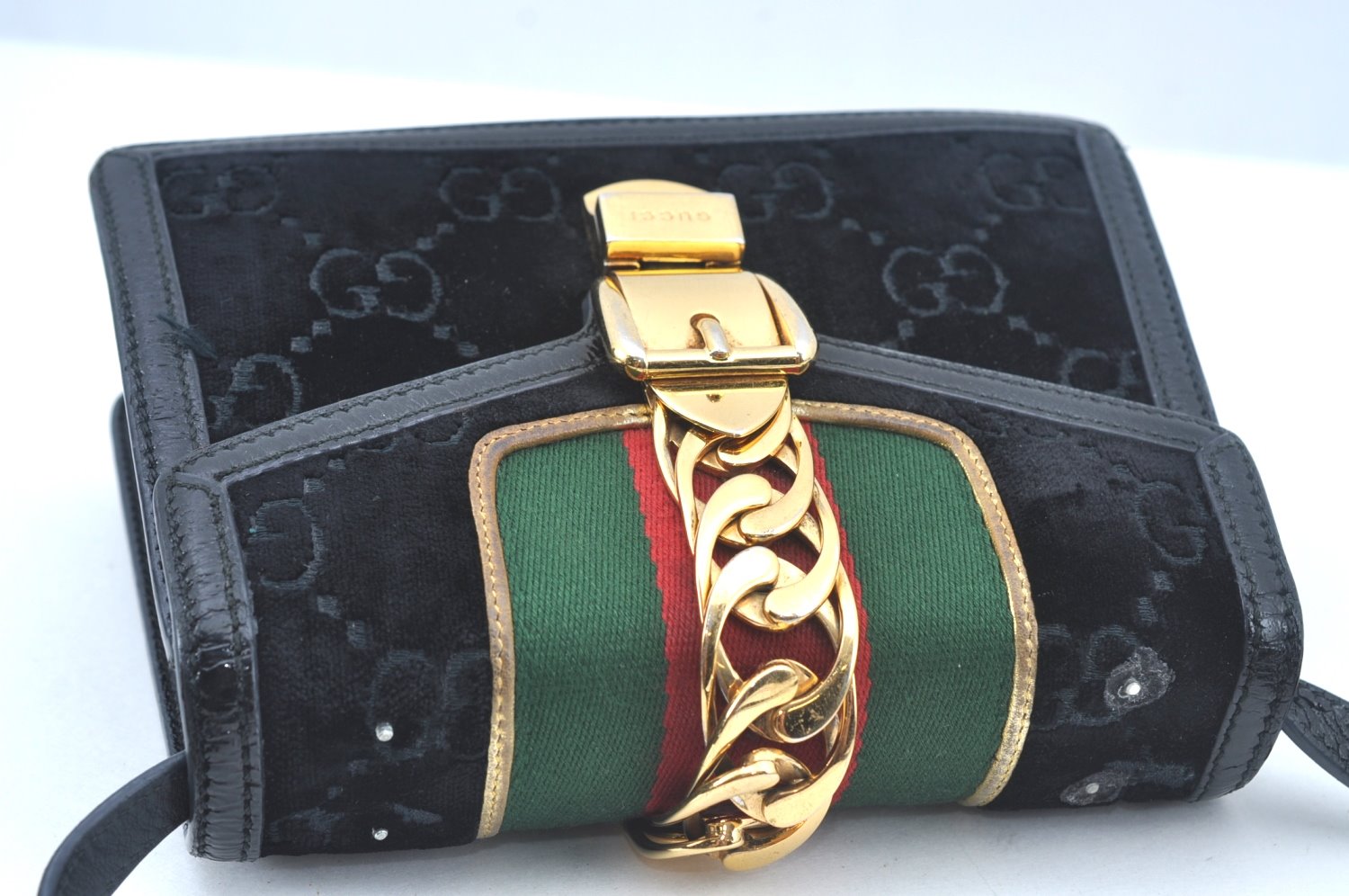 Auth GUCCI Web Sherry Line Sylvie Shoulder Bag GG Velour Enamel Black Junk 2067J