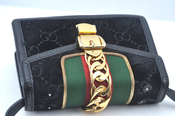 Auth GUCCI Web Sherry Line Sylvie Shoulder Bag GG Velour Enamel Black Junk 2067J