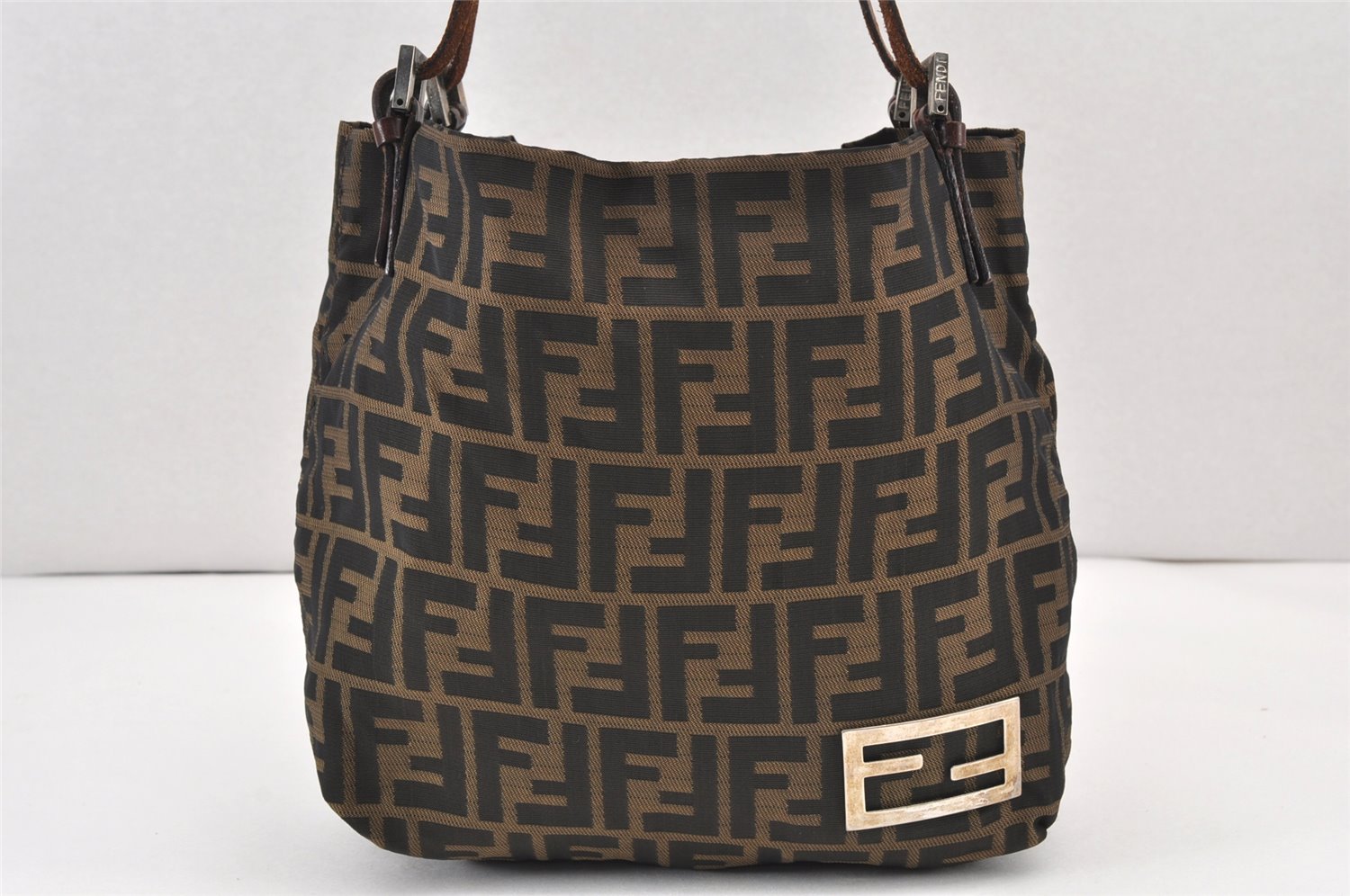 Authentic FENDI Vintage Zucca Shoulder Tote Bag Nylon Leather Brown 2070K