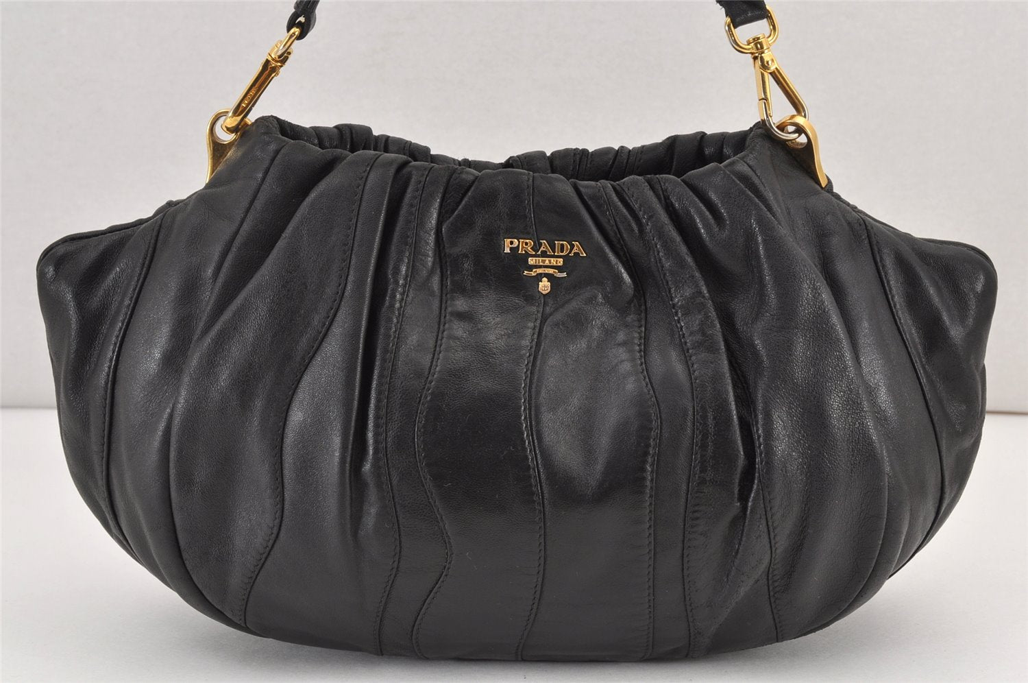Authentic PRADA Leather Stripes 2Way Shoulder Bag Purse BN1682 Black 2072K