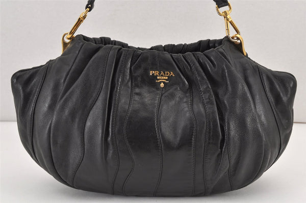 Authentic PRADA Leather Stripes 2Way Shoulder Bag Purse BN1682 Black 2072K