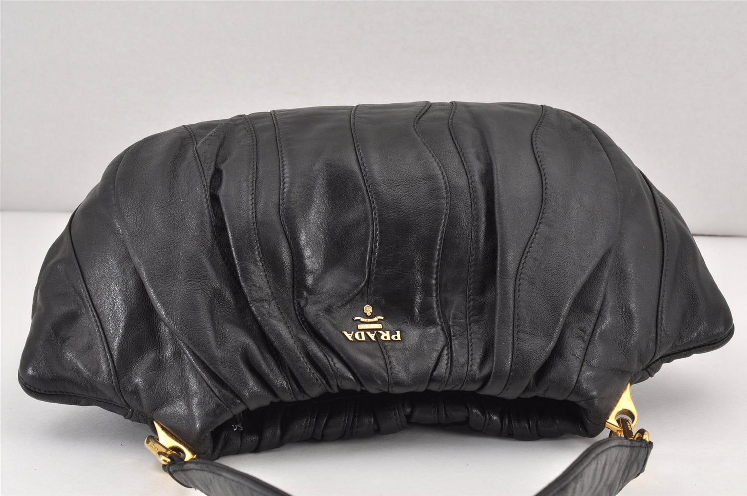 Authentic PRADA Leather Stripes 2Way Shoulder Bag Purse BN1682 Black 2072K