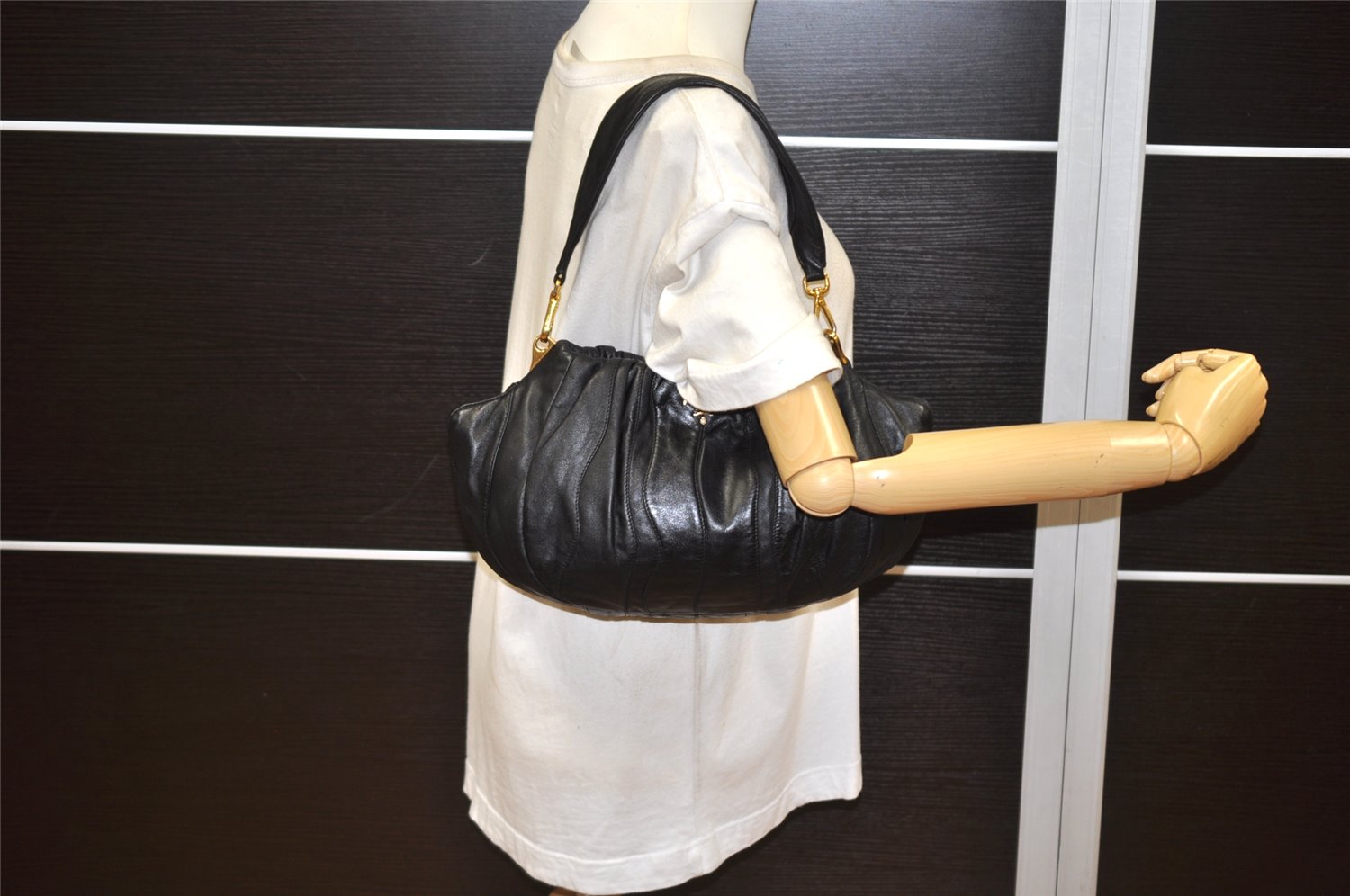 Authentic PRADA Leather Stripes 2Way Shoulder Bag Purse BN1682 Black 2072K