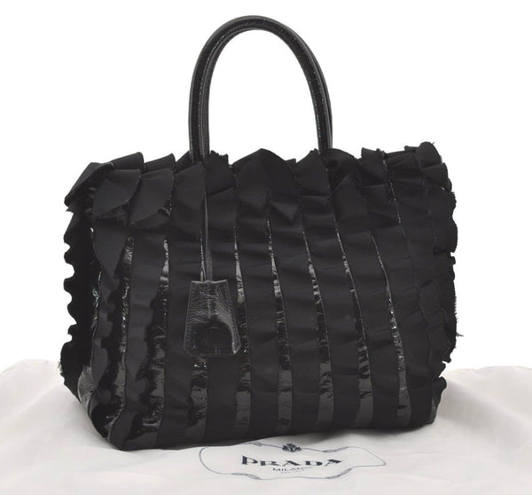 Authentic PRADA Frill Nylon Tessuto Enamel Tote Hand Bag Pures Black 2074J