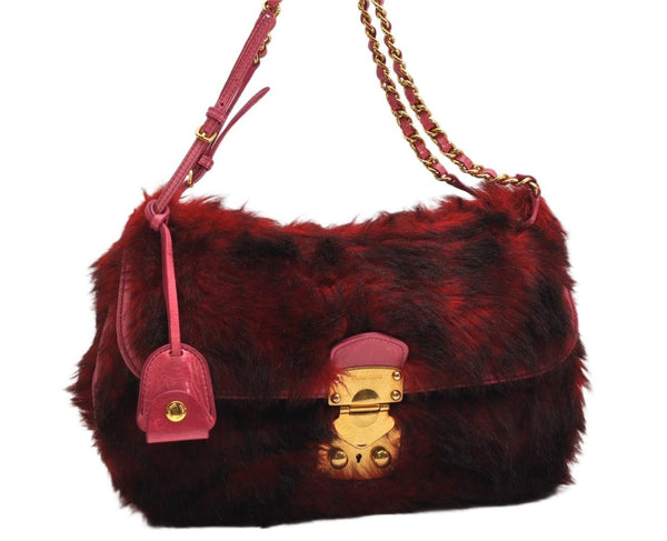 Authentic MIU MIU Vintage Fur Leather Chain Shoulder Hand Bag Purse Red 2075K