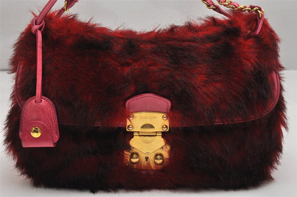 Authentic MIU MIU Vintage Fur Leather Chain Shoulder Hand Bag Purse Red 2075K