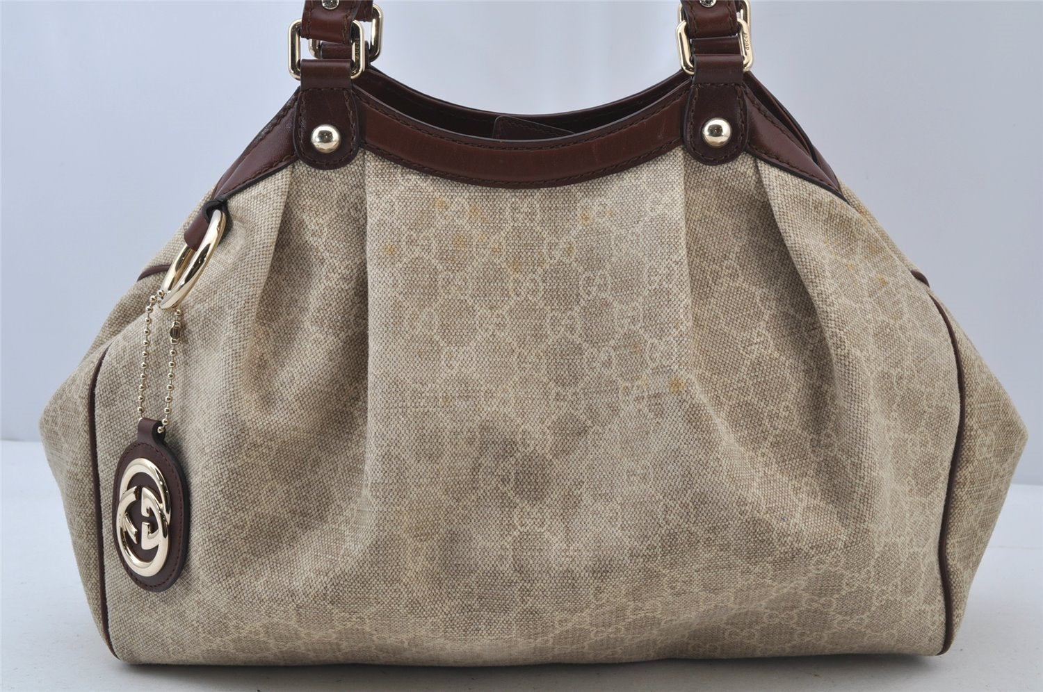 Authentic GUCCI Sukey Shoulder Tote Bag GG Canvas Leather 211944 Beige 2077J