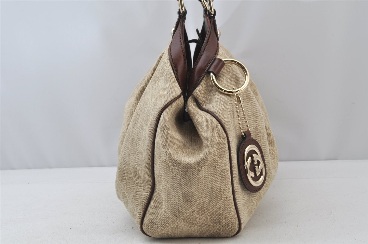 Authentic GUCCI Sukey Shoulder Tote Bag GG Canvas Leather 211944 Beige 2077J