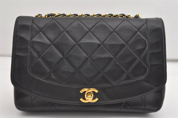 Authentic CHANEL Turnlock Calf Skin Matelasse Chain Shoulder Bag Black CC 2078J