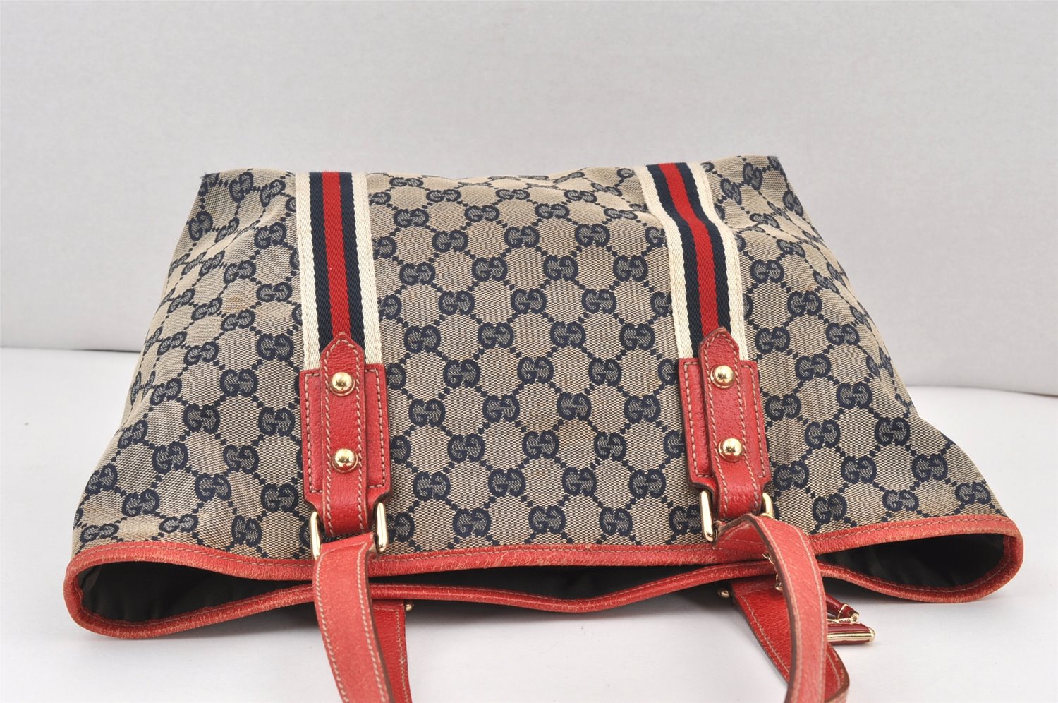 Authentic GUCCI Sherry Line Tote Bag GG Canvas Leather 137396 Navy Blue 2080K