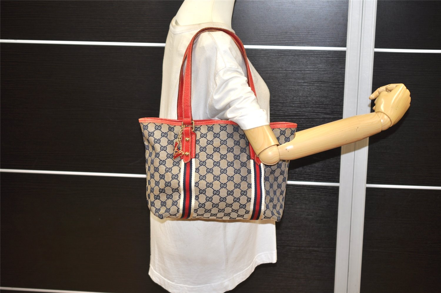 Authentic GUCCI Sherry Line Tote Bag GG Canvas Leather 137396 Navy Blue 2080K