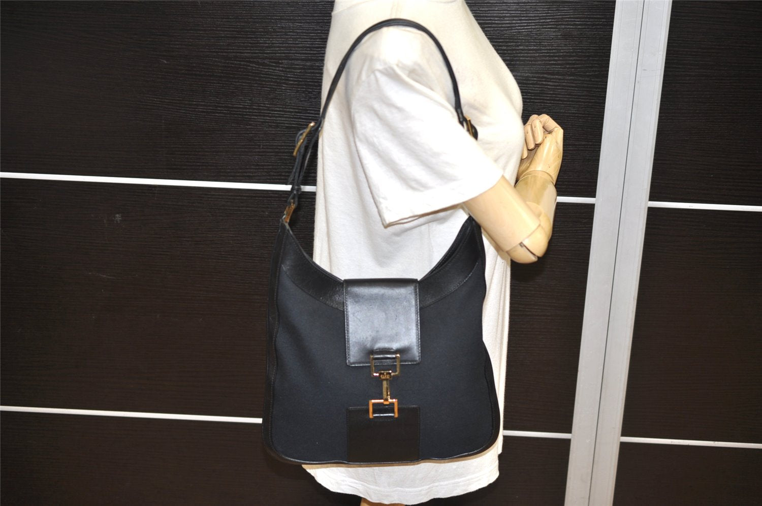 Authentic GUCCI Shoulder Hand Bag Purse Canvas Leather 0014129 Black 2084K