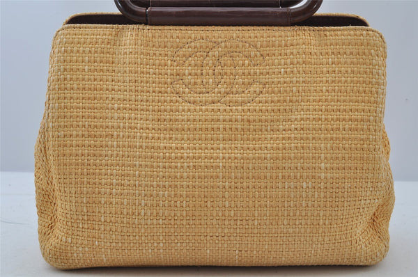 Authentic CHANEL Wood Hand Bag Purse Straw Leather CC Logo Beige Junk 2090J