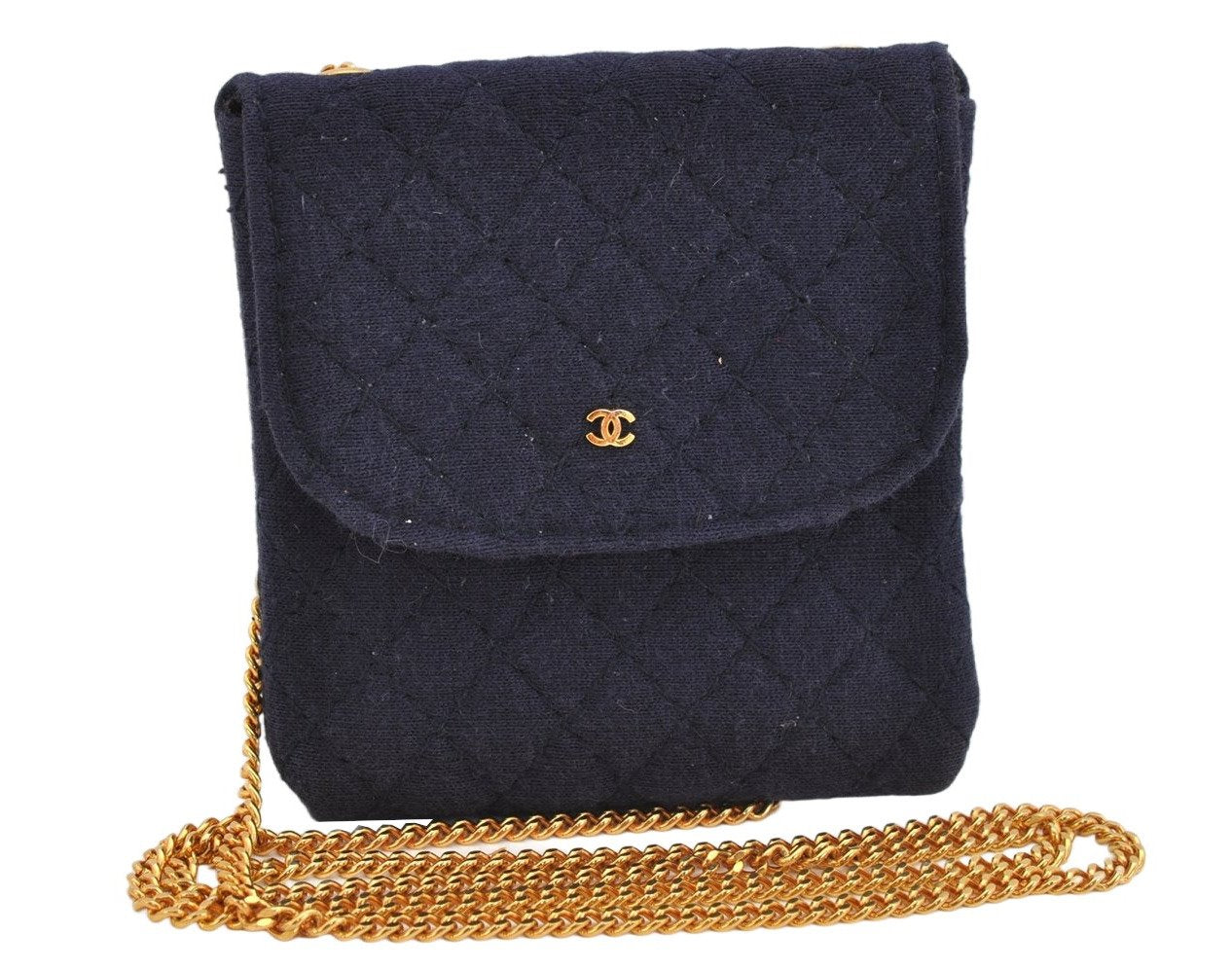 Authentic CHANEL Mini Matelasse Cotton CC Mark Chain Shoulder Pouch Navy 2096K