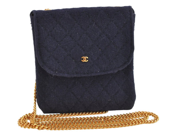 Authentic CHANEL Mini Matelasse Cotton CC Mark Chain Shoulder Pouch Navy 2096K