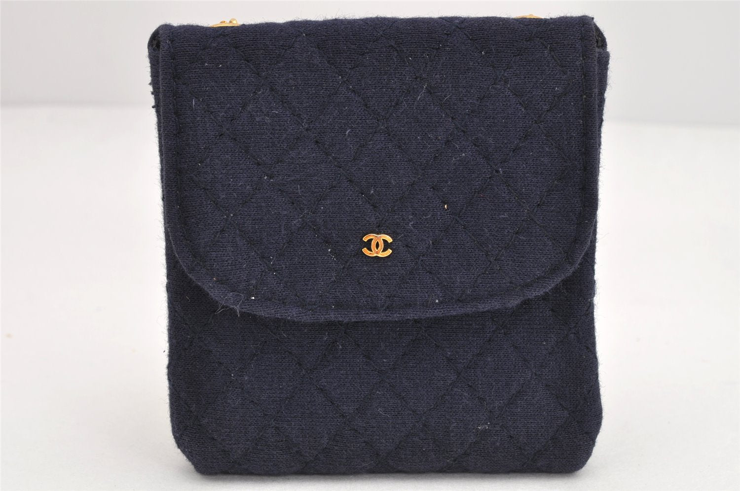 Authentic CHANEL Mini Matelasse Cotton CC Mark Chain Shoulder Pouch Navy 2096K