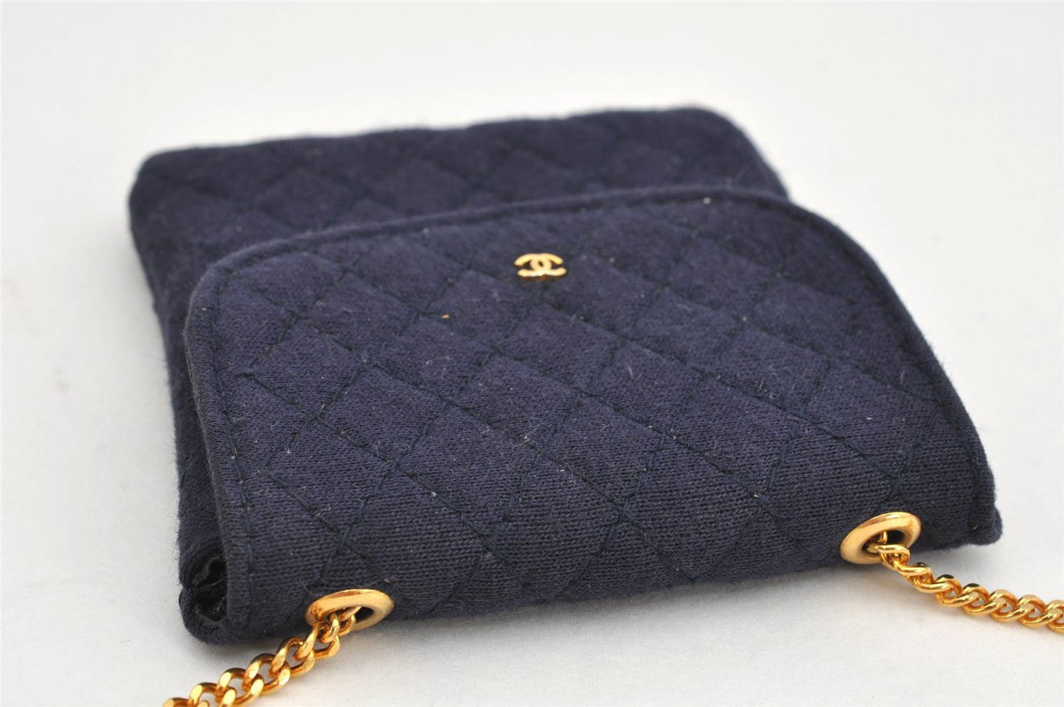 Authentic CHANEL Mini Matelasse Cotton CC Mark Chain Shoulder Pouch Navy 2096K