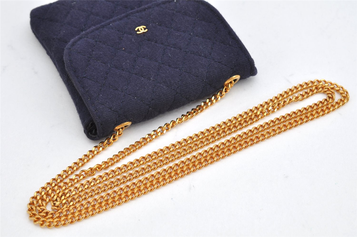 Authentic CHANEL Mini Matelasse Cotton CC Mark Chain Shoulder Pouch Navy 2096K