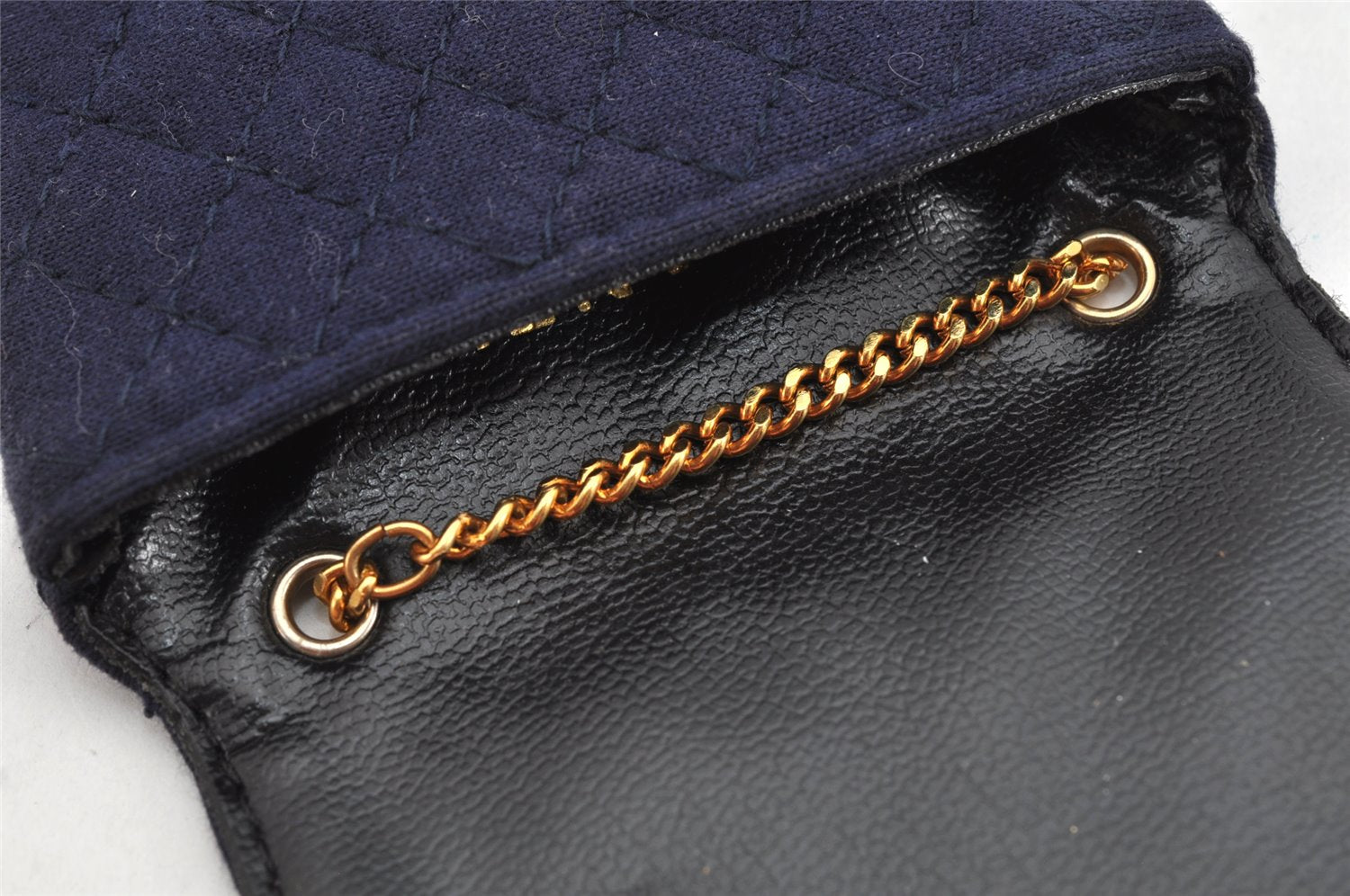 Authentic CHANEL Mini Matelasse Cotton CC Mark Chain Shoulder Pouch Navy 2096K