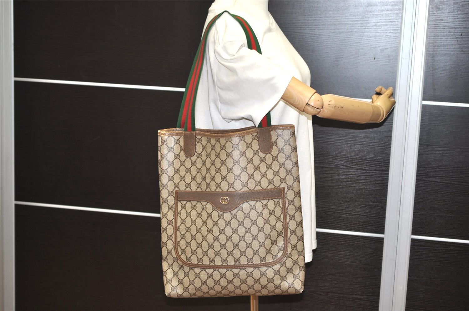 Authentic GUCCI Web Sherry Line Shoulder Tote Bag GG PVC Leather Brown 2098I