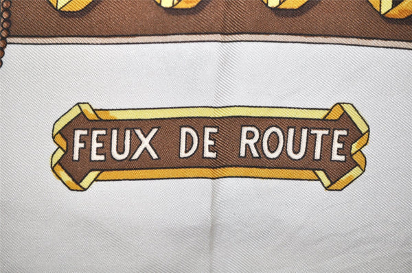 Authentic HERMES Carre 90 Scarf "FEUX DE ROUTE" Silk Brown 2099J