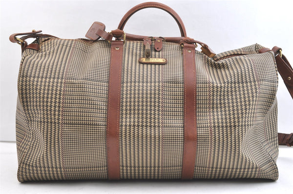 Authentic POLO Ralph Lauren Check PVC Leather Travel Boston Bag Brown 2110K
