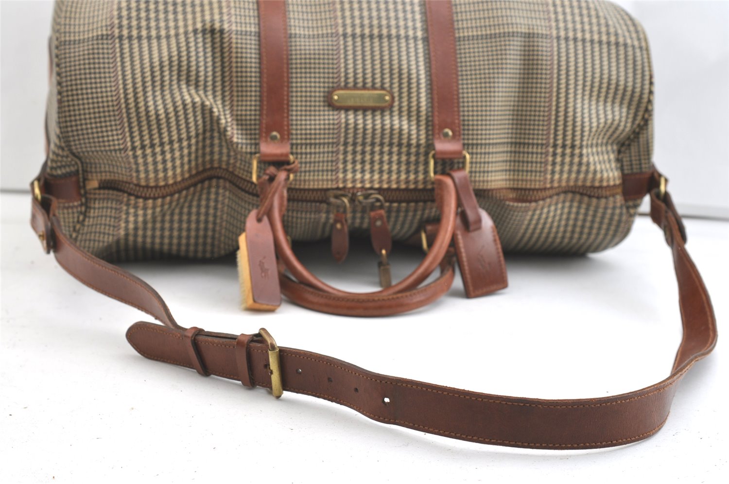 Authentic POLO Ralph Lauren Check PVC Leather Travel Boston Bag Brown 2110K