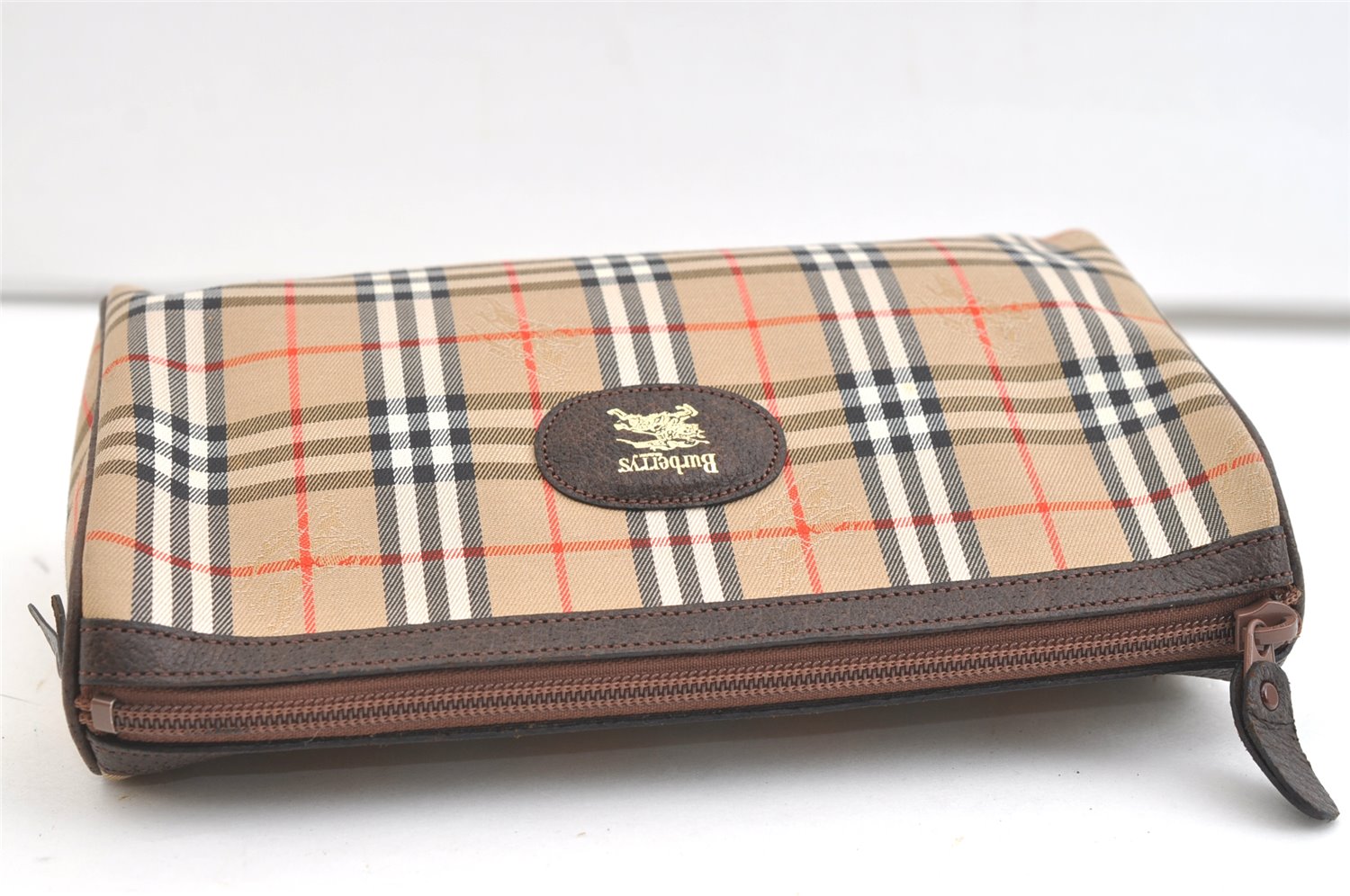 Authentic Burberrys Nova Check Clutch Hand Bag Patter Canvas Leather Beige 2111K