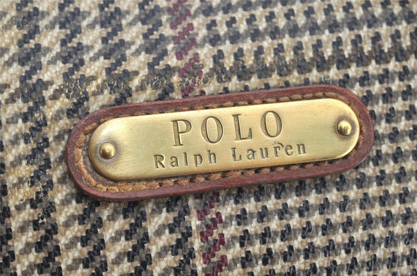 Authentic POLO Ralph Lauren Check PVC Leather 2Way Boston Hand Bag Brown 2112K