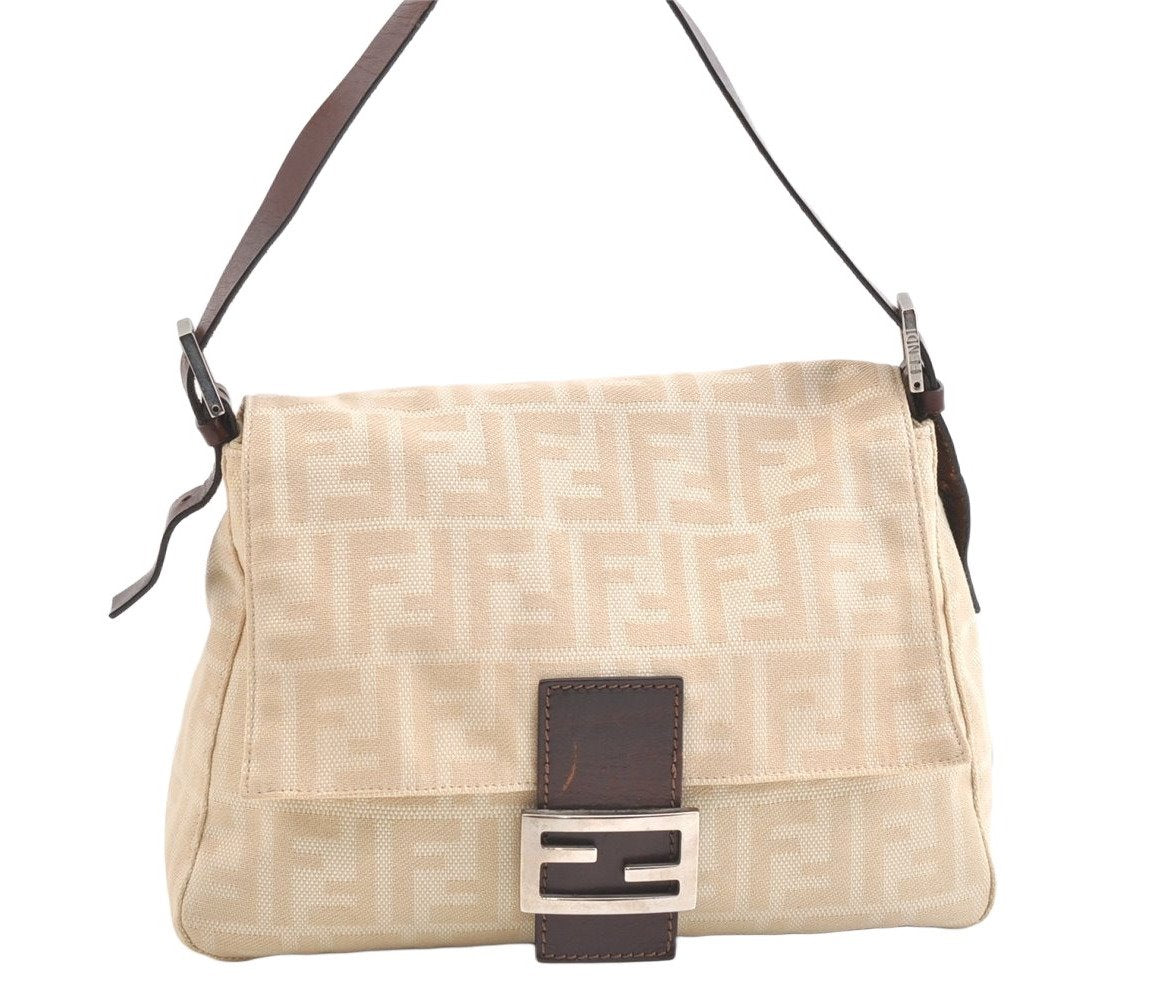 Authentic FENDI Zucca Mamma Baguette Shoulder Bag Canvas Leather Beige 2115K