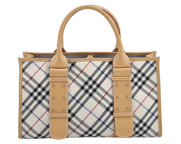 Authentic BURBERRY BLUE LABEL Check Hand Tote Bag Canvas Leather White 2118K