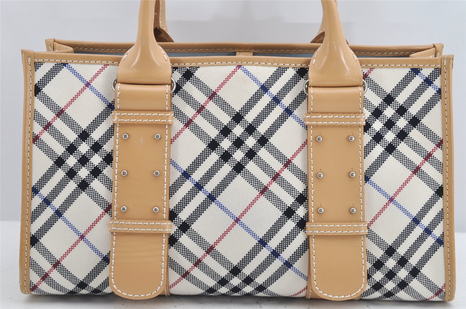 Authentic BURBERRY BLUE LABEL Check Hand Tote Bag Canvas Leather White 2118K