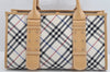 Authentic BURBERRY BLUE LABEL Check Hand Tote Bag Canvas Leather White 2118K