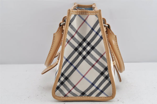 Authentic BURBERRY BLUE LABEL Check Hand Tote Bag Canvas Leather White 2118K