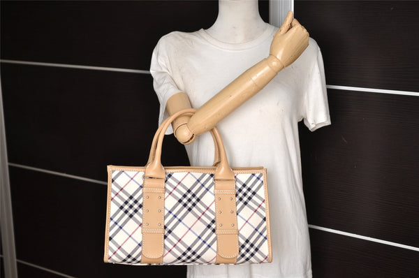 Authentic BURBERRY BLUE LABEL Check Hand Tote Bag Canvas Leather White 2118K