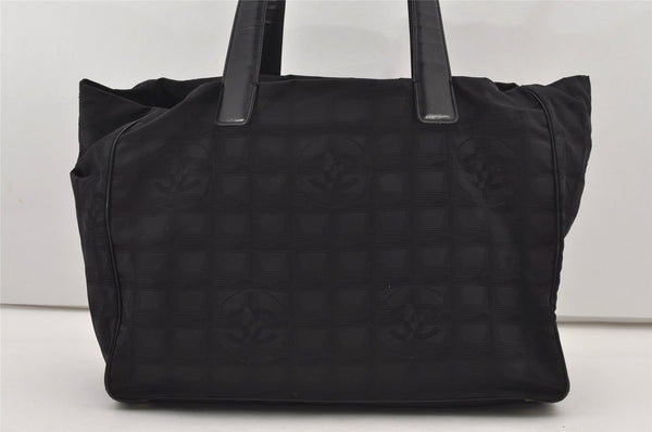 Authentic CHANEL New Travel Line Shoulder Tote Bag Nylon Leather Black 2119J