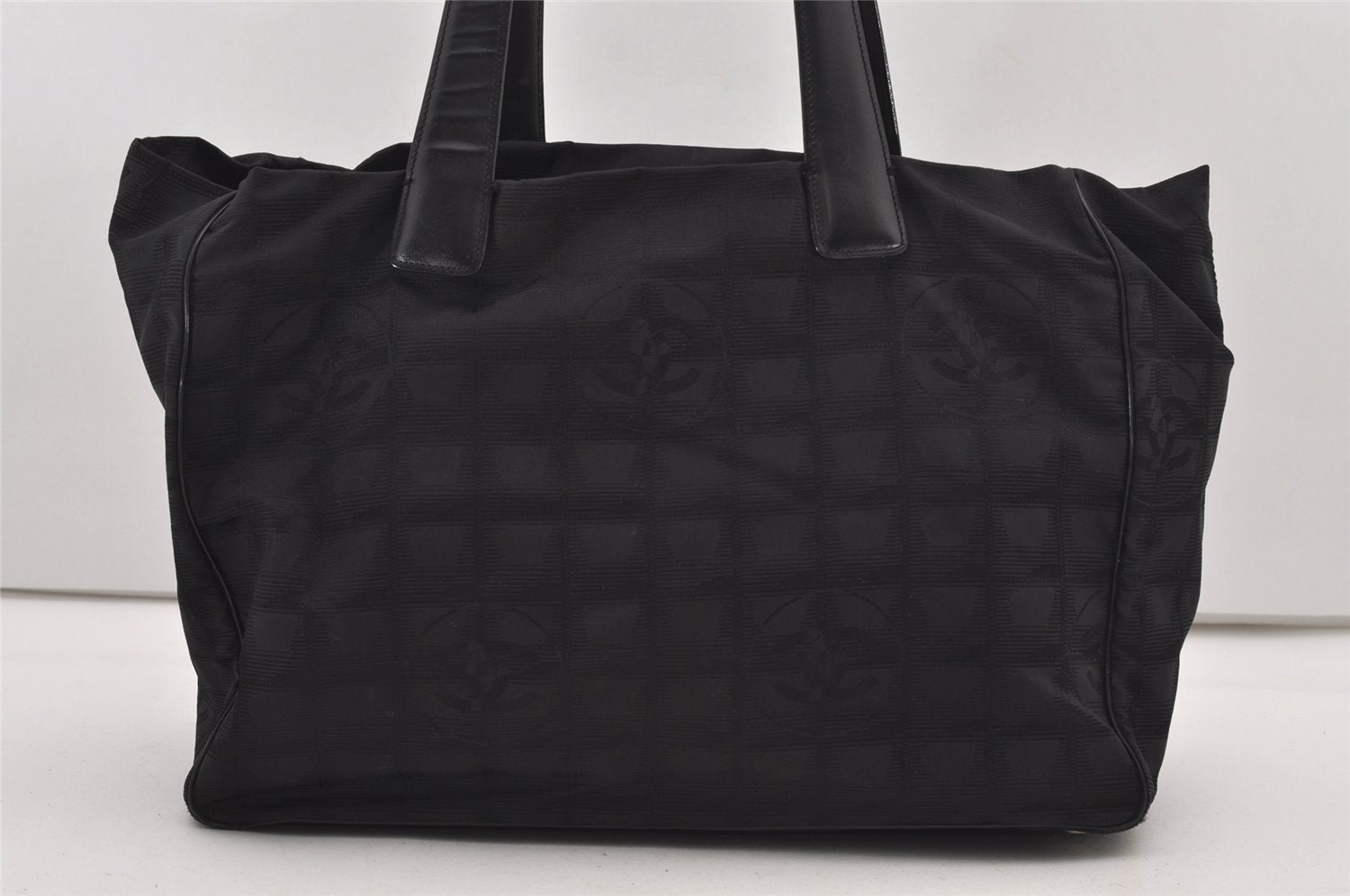 Authentic CHANEL New Travel Line Shoulder Tote Bag Nylon Leather Black 2119J