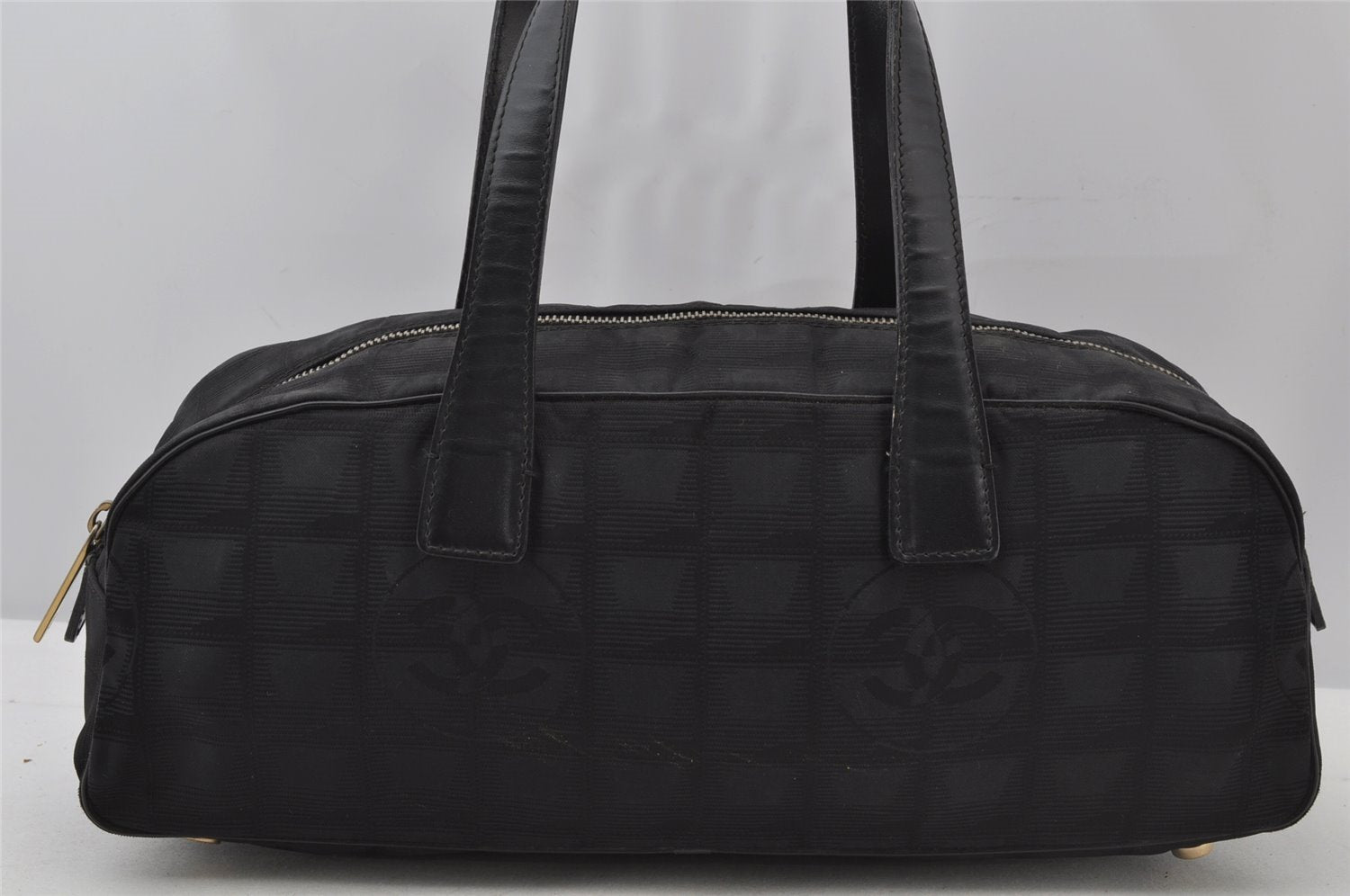 Authentic CHANEL New Travel Line Shoulder Hand Bag Nylon Leather Black 2120J
