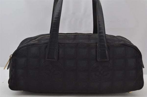 Authentic CHANEL New Travel Line Shoulder Hand Bag Nylon Leather Black 2120J