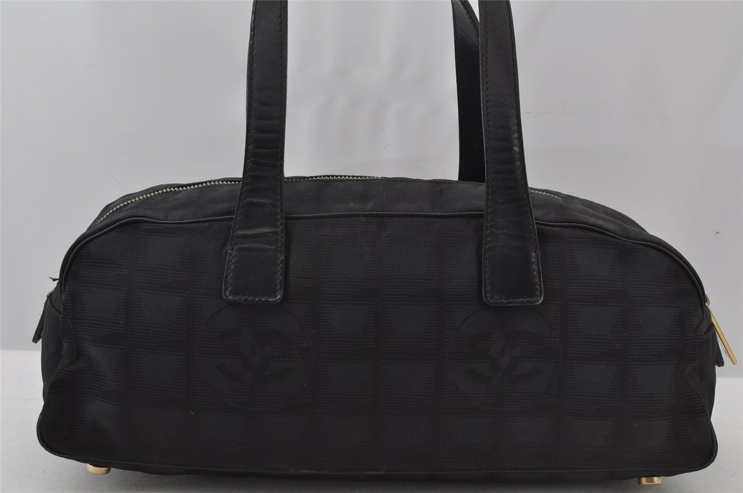 Authentic CHANEL New Travel Line Shoulder Hand Bag Nylon Leather Black 2120J