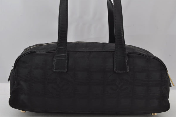 Authentic CHANEL New Travel Line Shoulder Hand Bag Nylon Leather Black 2120J