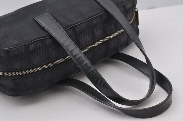Authentic CHANEL New Travel Line Shoulder Hand Bag Nylon Leather Black 2120J