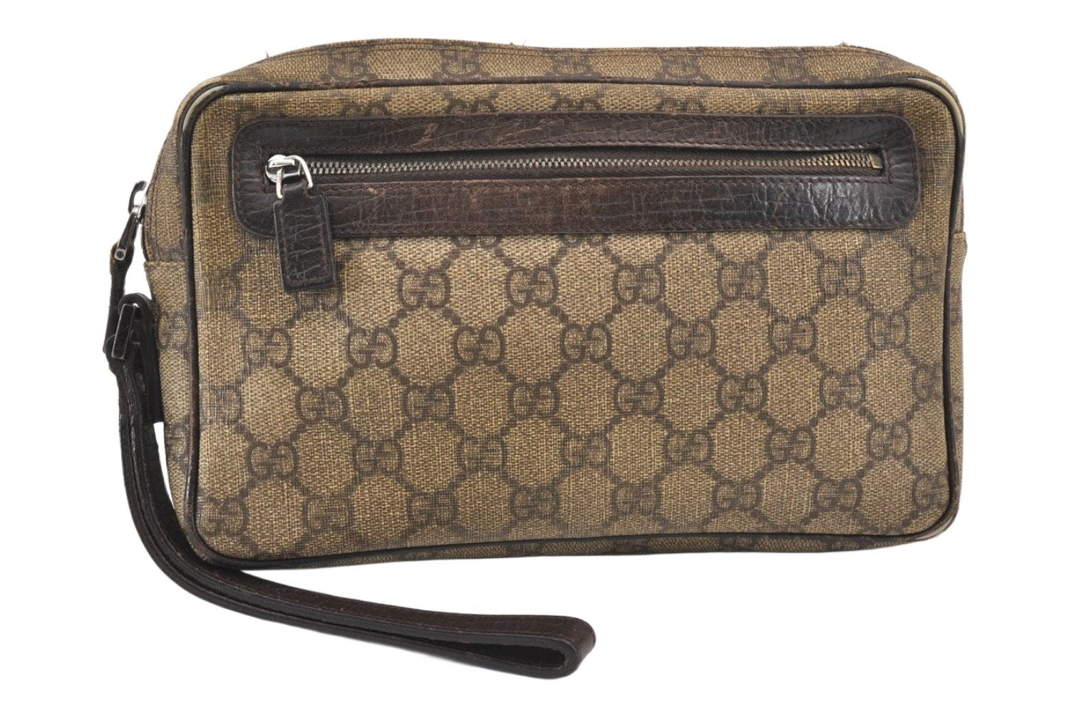 Authentic GUCCI Clutch Hand Bag Purse GG PVC Leather 73956 Brown Junk 2120K